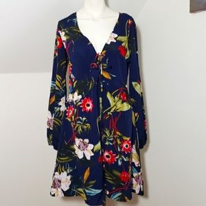 Cupshe Navy Blue Floral Low V-Neck Long Sleeve A-line silhouette Dress, Size M